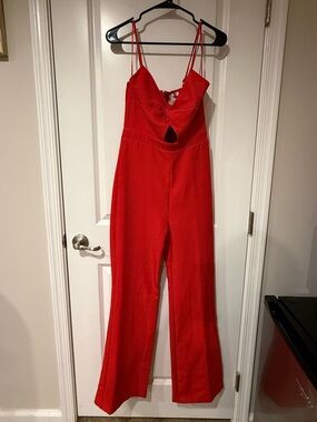 Chic Red Spaghetti-Strap Jumpsuit with Front Cutout